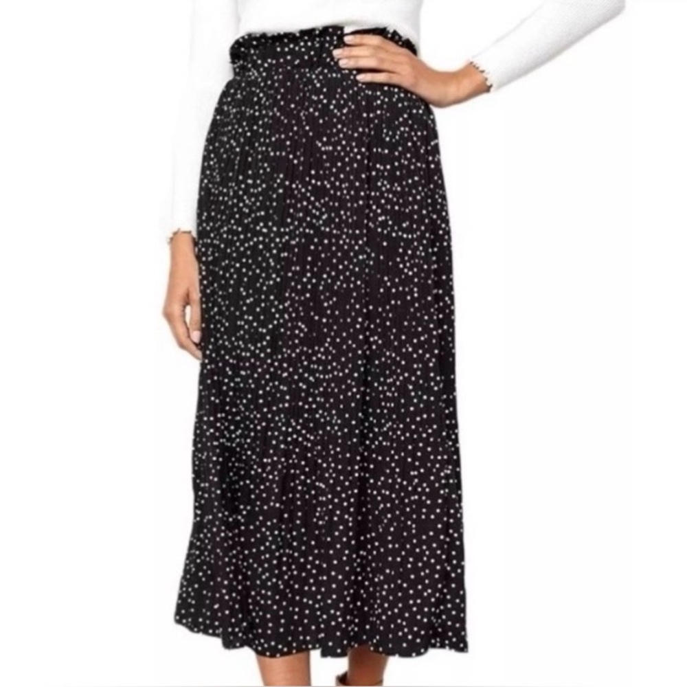 Exlura Women’s Micro Pleated Polka Dot Midi Skirt Size L Preppy Office Casual